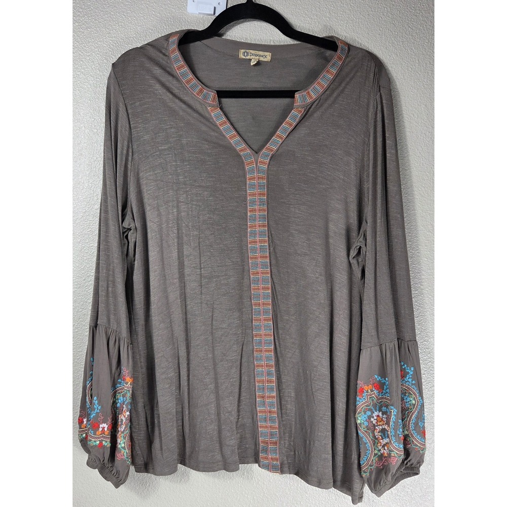 Democracy Embroidered Balloon Sleeve Top Women's Large Gray Boho Tunic